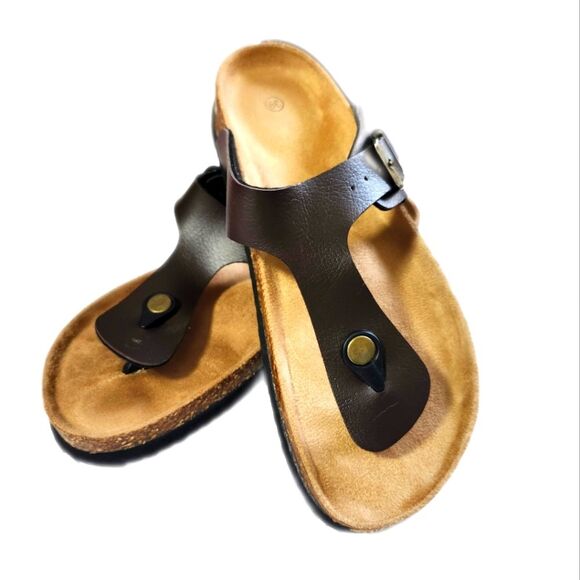 Brown Leather Upper Cork Bed Sandals, Side Snap/Buckle, Size 39 (Wm 8.5) - Picture 1 of 6